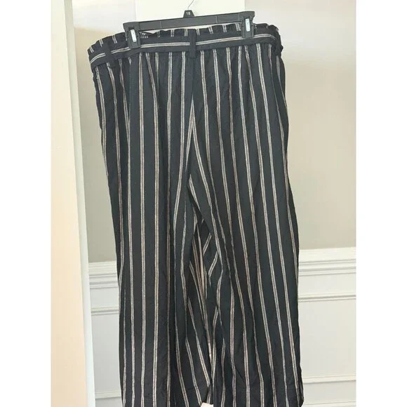 J Jill Stretch Linen Wide Crop Straight Leg Belted Striped Black/Tan Sz XL Petit - Picture 2 of 6
